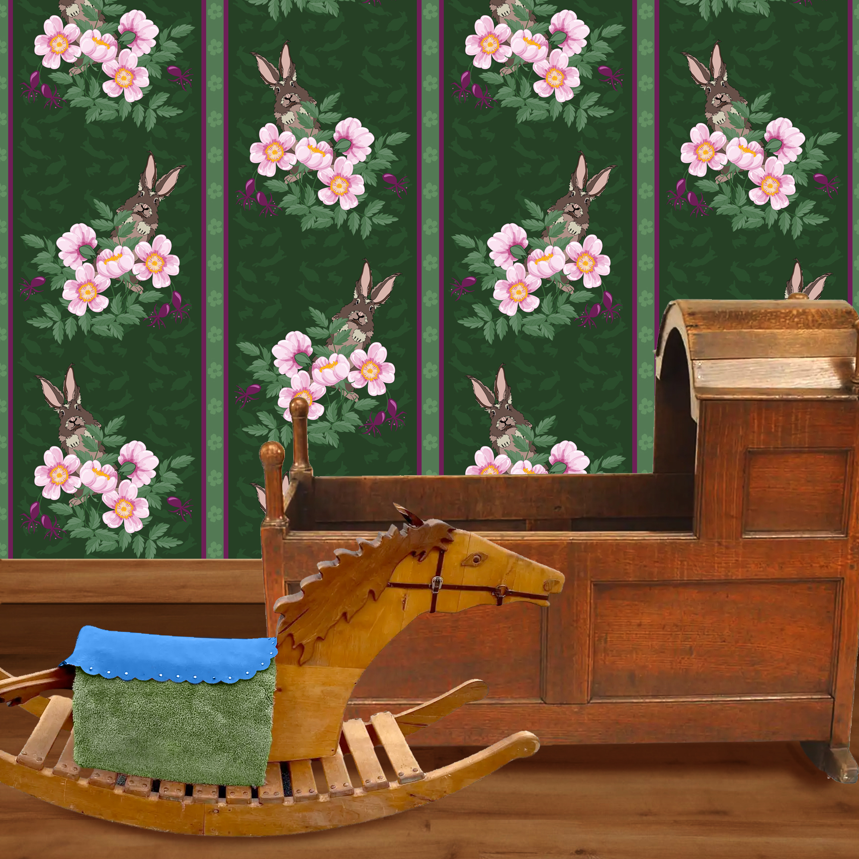 The artwork depicts a stylized brown hare partially concealed behind a cluster of green leaves and pink flowers with yellow centers. The background is dark green with subtle leafy patterns. Two vertical stripes—one dark purple and one green with small floral motifs—run along the left side, contrasting with the otherwise naturalistic elements. The composition balances the lively flora and fauna with a decorative, patterned design. The wallpaper design is shown in a Mission style nursery.